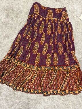 Cotton Express Burgundy and Mustard Paisley Tiered Boho Maxi Skirt
